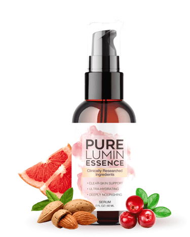 Pure Lumin Essence face serum bottle with grapefruit slices, almonds, and red cranberries.