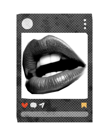 Instagram e boca aberta em P&B recorte de revista - Exordium Media - Marketing - Agência