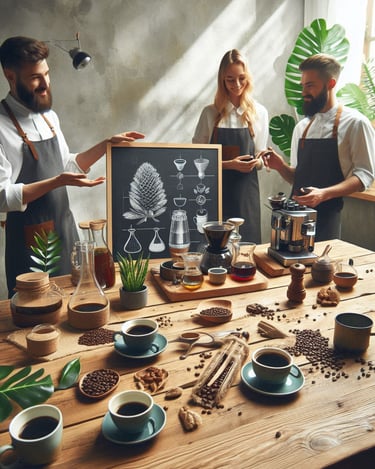 a man and woman are standing in front of a table with coffee and coffee cups