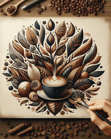 a person is drawing a coffee cup with coffee beans