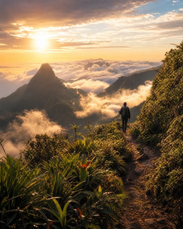 A hiker with a backpack walks on a mountain trail overlooking a golden sunrise and clouds.