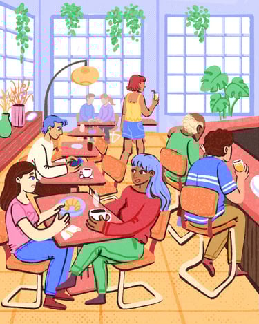 A colorful illustration of people relaxing in a modern cafe with hanging plants and large windows.