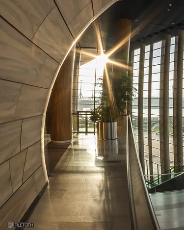 Daylight floods the  foyer of MÜPA Budapest, revealing warm textures and elegant geometric forms.