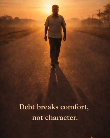 Indian man walking toward the rising sun on an open road, hopeful mood, symbol of resilience and character.