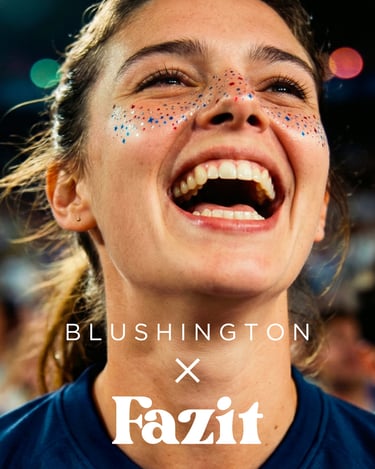 Smiling woman wearing red, white, and blue star face glitter for a patriotic makeup look.