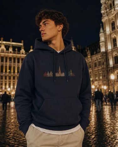 Estudiante Erasmus en Bruselas con sudadera My Erasmus Hoodie frente a la Grand Place