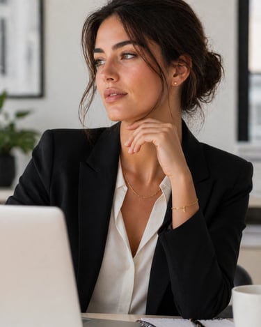 Professional woman in a black blazer and gold jewelry working on a laptop at a desk.