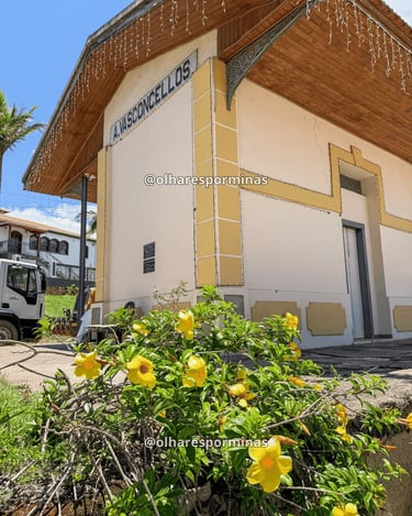 Estação ferroviária de Alfredo Vasconcelos com flores amarelas em primeiro plano e fachada histórica