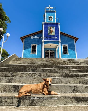 Igreja azul de Hermílio Alves MG com escadaria, cachorro e céu aberto