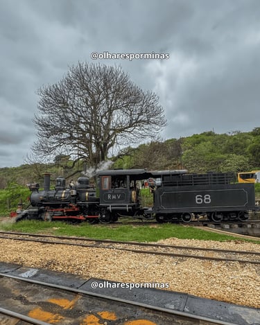 Maria Fumaça de Tiradentes vista de lado com locomotiva a vapor e paisagem natural em Minas Gerais