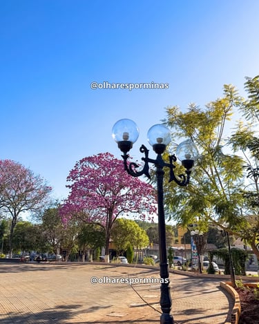 Praça da Matriz de Itatiaiuçu com poste antigo, árvores floridas e céu azul