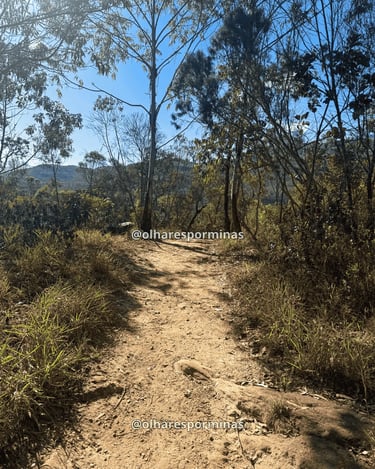Início da trilha de terra batida no cerrado que leva à Cachoeira do Cascalho em Acurui MG