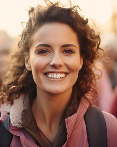 a woman with a backpacker on a city street