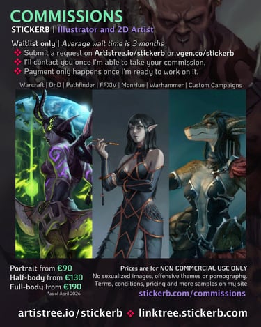 Stickerb Character Commission Information and Pricing Infographic.