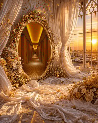 A golden mirror reveals a hidden hallway behind a soft, sunlit room filled with flowing fabrics