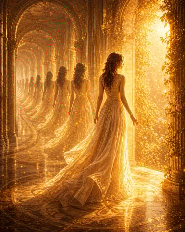 Woman in golden light facing a glowing city, symbolizing breaking repetitive dream patterns and stepping into awareness.
