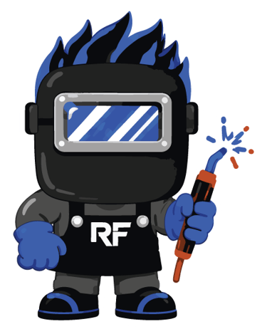 Cartoon welder character with a black helmet and blue hair holding a sparking welding torch.