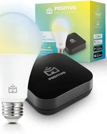 Positivo smart home kit with WiFi light bulb, hub controller, and product packaging.
