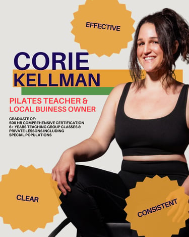 Pilates teacher Corie Kellman posing for a promotional graphic for her local business and comprehensive certification.