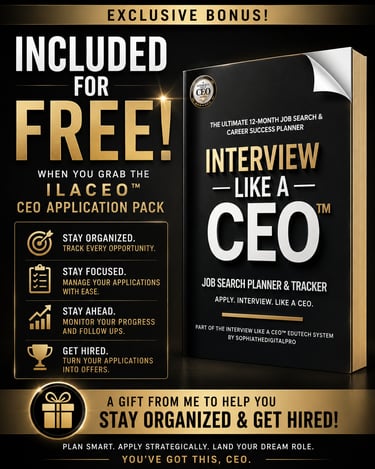Interview Like A CEO job search planner and tracker bonus offer for career success and job applications.