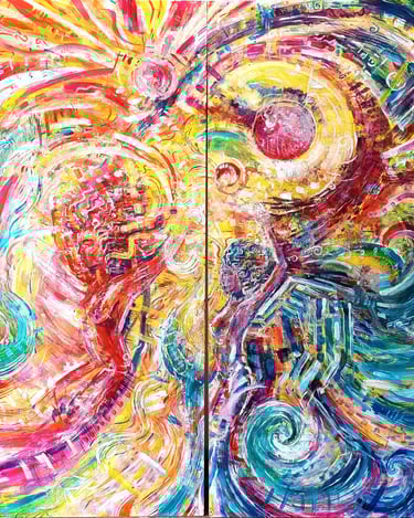 Transe en danse, un tableau en diptyque aux couleurs vives représentant des corps dansant et célébra