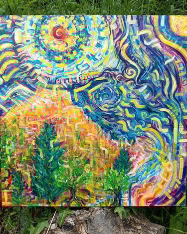 peinture acrylique aux couleurs vives d'un paysage de montagne nocturne et psychédélique