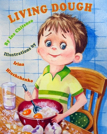 Cover of Living Dough with a cheerful child mixing ingredients in a bowl in a kitchen setting.