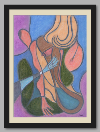 Stylized abstract figure with elongated limbs and flowing hair; warm oranges and browns interlock wi