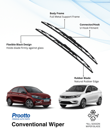 Prootto wiper blade types – frameless, hybrid, and conventional – suitable for Tata Tigor.