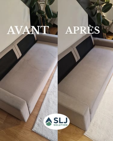 Avant après nettoyage d’une banquette tissu beige avec suppression des auréoles et ravivage du texti
