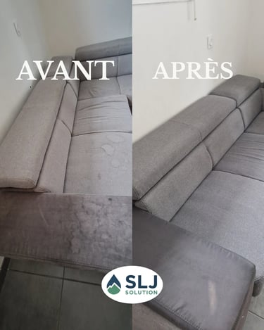 Avant après nettoyage d’un canapé d’angle gris clair avec suppression des taches et nettoyage des as