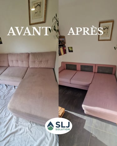 Avant après nettoyage d’un canapé d’angle rose avec élimination des taches et ravivage du tissu à do