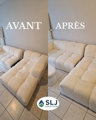 Avant après nettoyage d’un canapé blanc en tissu bouclette avec nettoyage des assises et ravivage du