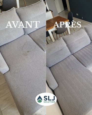 Avant après nettoyage d’un canapé gris clair avec suppression des taches et ravivage du tissu.