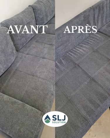 Avant après nettoyage d’un canapé gris foncé en tissu avec nettoyage des assises et ravivage des fib