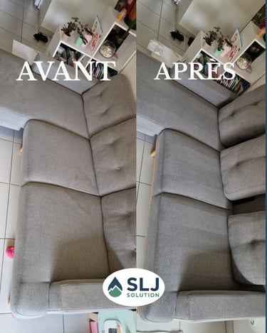Avant après nettoyage d’un canapé gris en tissu avec nettoyage des assises et suppression des traces