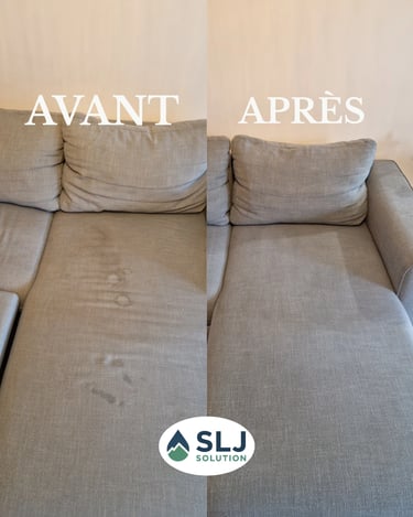 Avant après nettoyage d’un canapé beige en tissu avec suppression des taches et nettoyage des assise