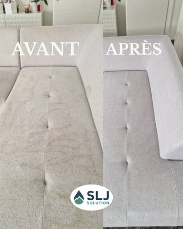 Résultat nettoyage canapé angle gris clair à domicile par SLJ Solution Grenoble