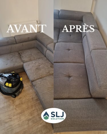Avant après nettoyage d’un grand canapé d’angle gris avec élimination des taches et nettoyage en pro