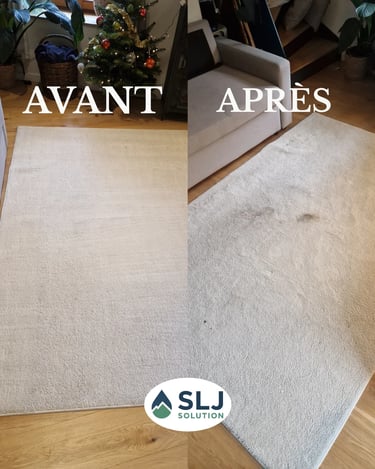 Avant après nettoyage d’un grand tapis blanc avec éclaircissement des fibres et suppression des zone