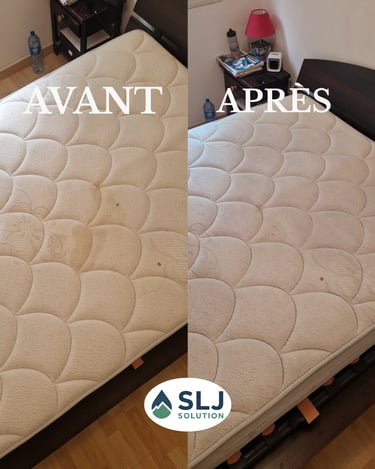 Avant après nettoyage professionnel d’un matelas blanc avec détachage et assainissement textile.