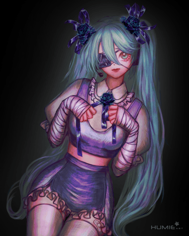 Miku with an eye patch, sits in the dark holding her neck ribbon. Detailed rendering on her hair.