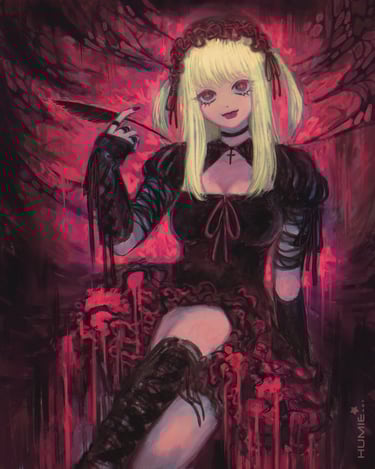 Misa Amane with a gothic black dress, ready to write your name in the Death Note. Dark, drippy bg.