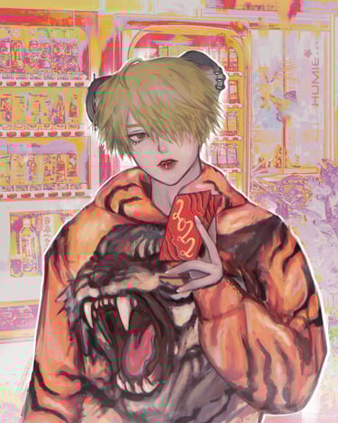Handsome guy with orange tiger hoodie, holding 2022 red pocket. Colourful palette.