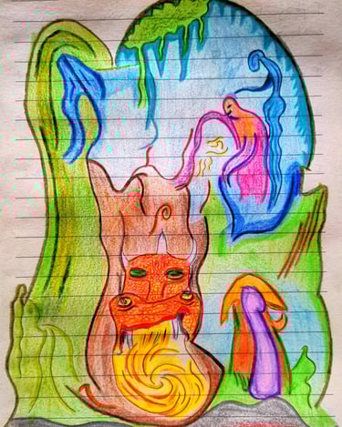 color pensil on paper, dragon in its cave, two spirits above