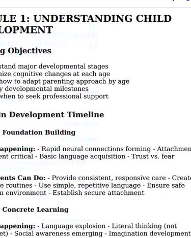Educational document detailing module 1 of a child development course focused on brain development and learning objectives.