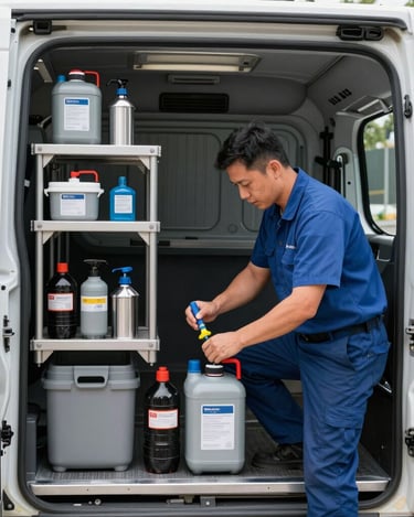 A professional crew member in a clean uniform organizing specialized cleaning equipment inside a spacious, organized commercial utility vehicle, bright natural daylight.