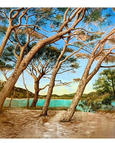 Peinture acrylique sur lin brut plage "Palombaggia" corse du sud
