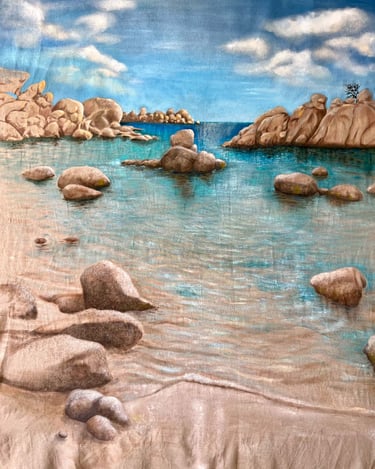 Peinture acrylique sur lin brut plage "Tamaricciu" corse du sud