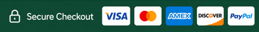 Secure checkout with Visa, Mastercard, American Express, Discover, and PayPal payment options.